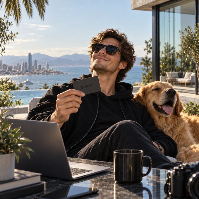 A man wearing sunglasses and a black hoodie sits relaxed outdoors holding a card labeled 'tangent', accompanied by a golden retriever, with a laptop, coffee mug, and camera on a table, and a coastal city skyline with mountains in the background.