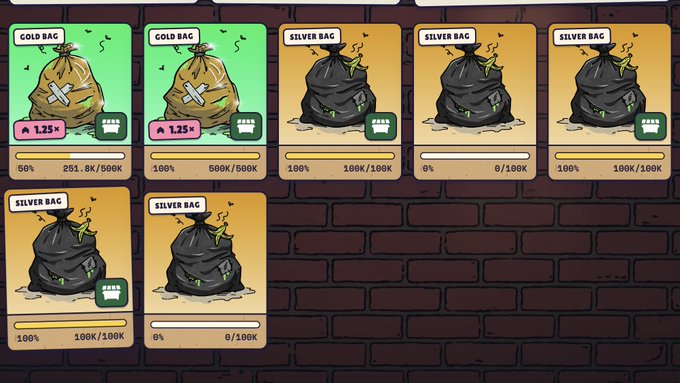 The image displays a progress tracker from what appears to be a game called "$DUMP," featuring two Gold Bags with 1.25x multipliers (50% and 100% complete at 500K each) and seven Silver Bags at 100K each, with most filled and one at 0%. The bag collection progress visually represents the user's hope of "making it" by completing the required milestones in the game.