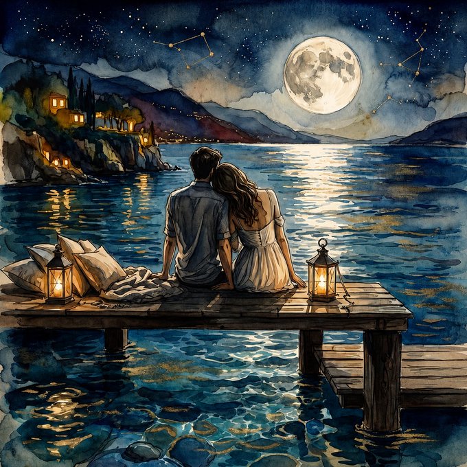 A watercolor-style illustration shows a couple sitting on a wooden dock under a starry night sky and full moon, with glowing lanterns and pillows beside them as they gaze out over a tranquil moonlit bay. The romantic, dreamy scene complements the "Twilight Haven by the Bay" NFT drop announcement on @teamartcollect, capturing the peaceful, intimate atmosphere of the artwork being offered as a 1/1 edition to the Tezos NFT community.