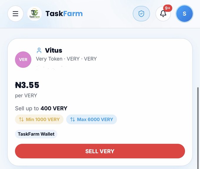 The image shows a TaskFarm P2P marketplace listing where a seller named "Vitus" is offering up to 400 VERY (Verychat Token) at ₦3.55 per VERY, with a minimum purchase of 1000 VERY and maximum of 6000 VERY. It illustrates the post's message about finding sellers waiting on the TaskFarm marketplace to buy or sell Verychat Token.