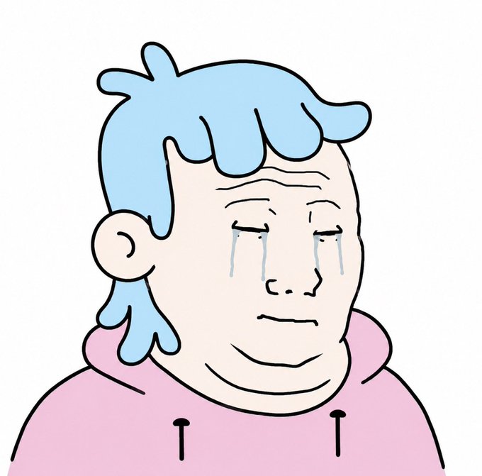 A cartoon illustration of a person with blue hair in a pink hoodie with tears streaming down their face, expressing sadness.
