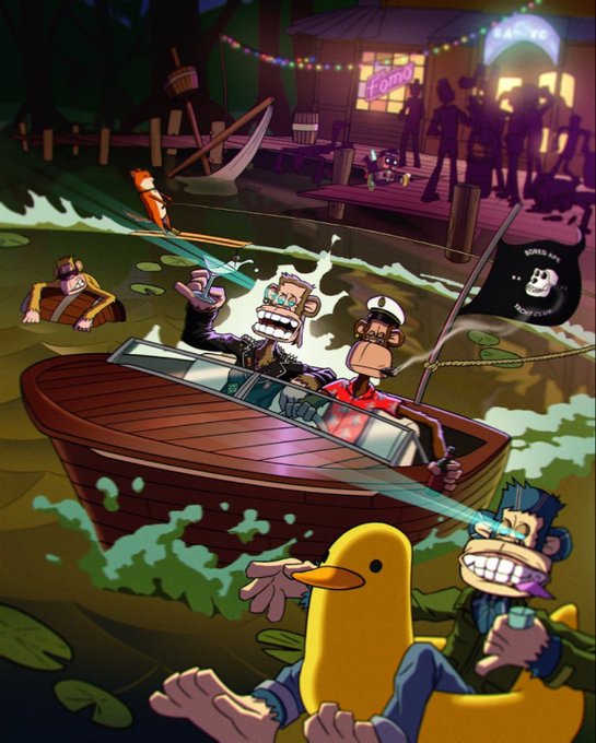 A vibrant cartoon-style illustration of characters in a chaotic nighttime lake scene, featuring one figure fishing from a boat while another rides a giant rubber duck, with a lit lakeside bar in the background.