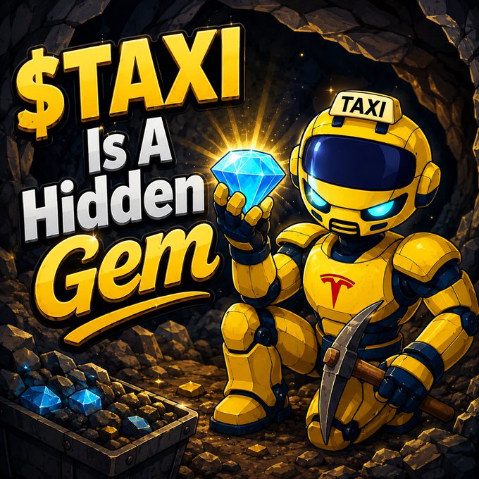 A yellow robotic miner wearing a "TAXI" helmet kneels in a dark mine, holding up a glowing blue diamond while clutching a pickaxe, with a cart of additional blue gems beside him. The bold text "$TAXI Is A Hidden Gem" reinforces the post's theme, visually personifying the $TAXI memecoin as an undiscovered treasure waiting to be unearthed, likely tied to the Ethereum and Elon Musk communities.