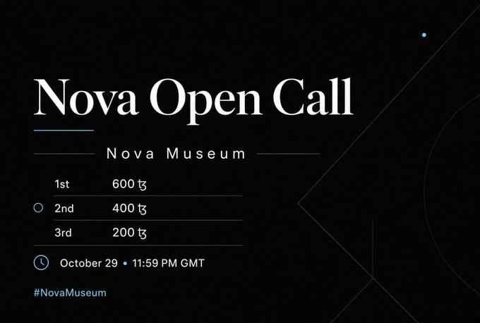 A black promotional poster for “Nova Open Call” lists prizes for 1st, 2nd, and 3rd as 600, 400, and 200 ₺, and shows “October 29 • 11:59 PM GMT” plus “#NovaMuseum.”