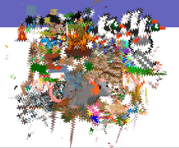 The image features a large, abstract piece of art with various colors and shapes that appear to be made up of different types of flowers. The artwork has been created using a computer program or software, which gives it an electronic and digital appearance. The artist's intention seems to be to create a visually interesting and unique piece by combining elements from nature and technology in their work.