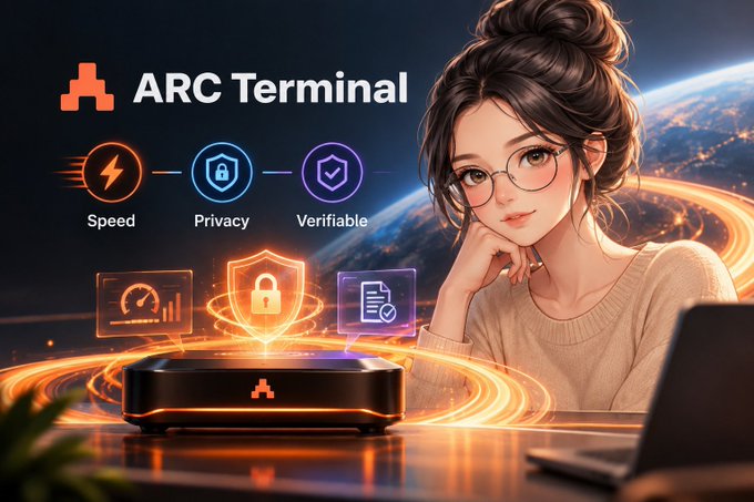A digital illustration of an anime-style woman with glasses beside a futuristic device, labeled 'ARC Terminal' with icons highlighting 'Speed', 'Privacy', and 'Verifiable' features.