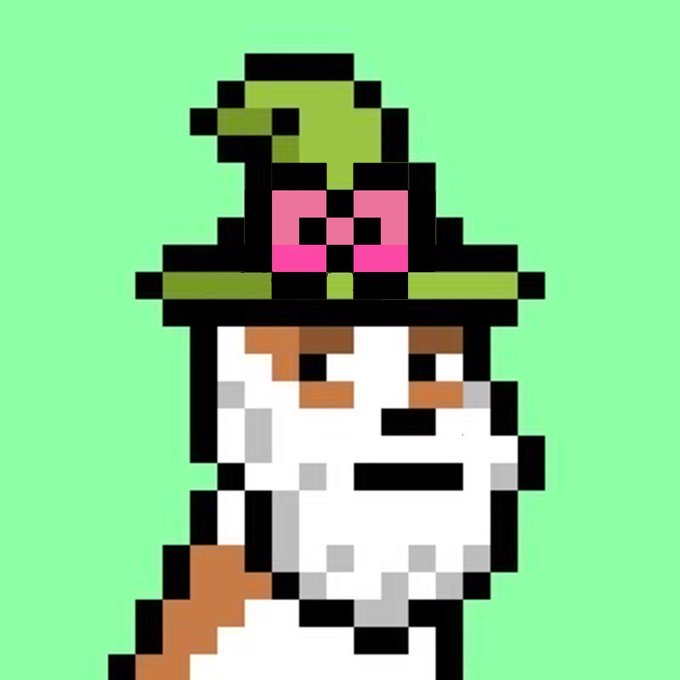 A pixel art character wearing a green witch hat with a pink skull emblem against a green background.