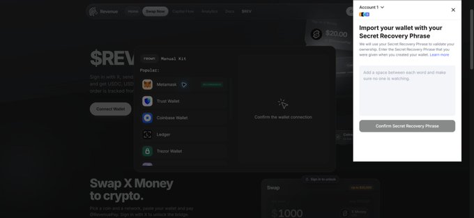 A screenshot of a digital wallet interface titled '$REVS' showing wallet connection options including Metamask, Trust Wallet, Coinbase Wallet, and Ledger, with a prompt to 'Import your wallet with your Secret Recovery Phrase'.