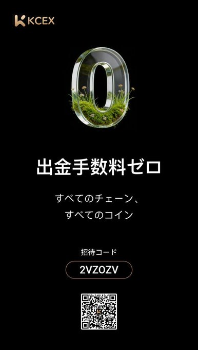 A promotional ad for KCEX exchange features a transparent "0" filled with greenery, highlighting "出金手数料ゼロ" (zero withdrawal fees) for all chains and coins, along with a referral code "2VZOZV" and QR code. The image visually reinforces the post's point about KCEX's standout feature of zero withdrawal fees, distinguishing it from other exchanges that often charge for withdrawals.