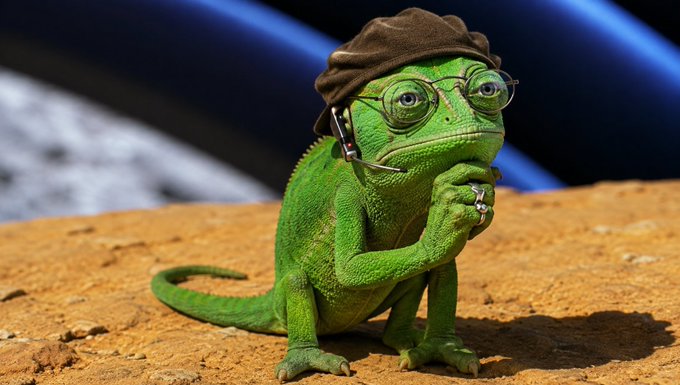A green chameleon wearing a brown hat and round glasses, sitting in a contemplative pose on a dirt surface with a space-like background.