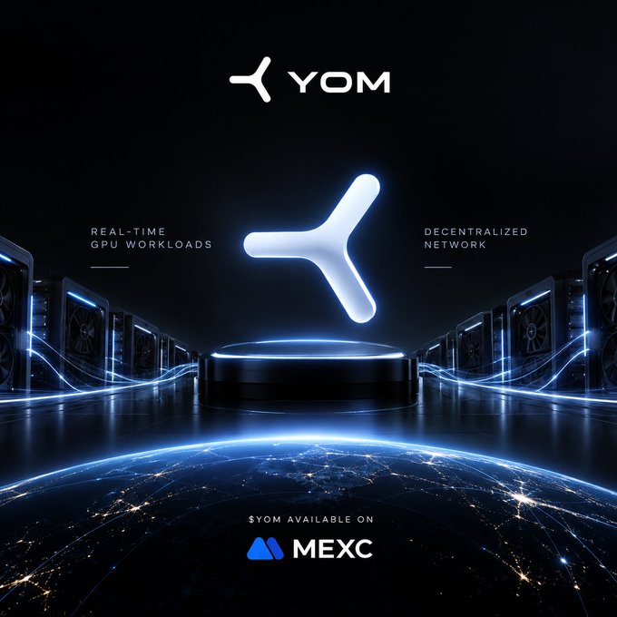 A futuristic promotional image for YOM highlights 'REAL-TIME GPU WORKLOADS' and 'DECENTRALIZED NETWORK' flanking a glowing logo above Earth, with '$YOM AVAILABLE ON MEXC' at the bottom.