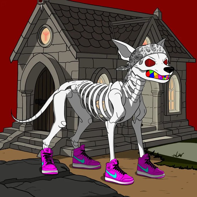 An animated illustration of a skeletal dog wearing a bandana, rainbow teeth, and bright pink high-top sneakers, standing in front of a gothic stone house.