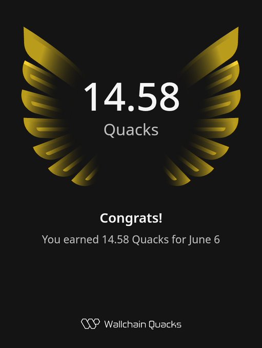 A gold bird logo is in focus, with the words "gQuack", which are not visible within this text block. The main focus of the image appears to be about an achievement or some sort of reward related to the use of a cryptocurrency called Wallchain Quacks. This is important information for anyone interested in using or understanding the concept of cryptocurrency and its associated benefits, features, and challenges.