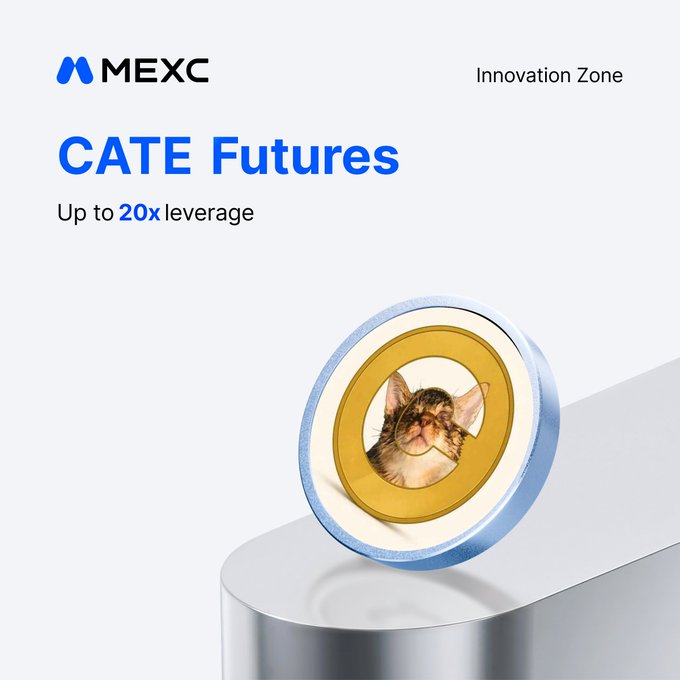 A promotional banner from MEXC's Innovation Zone advertising "CATE Futures" with up to 20x leverage, featuring a coin displaying a cat image. The graphic aligns with the post's warning about shorting the newly-listed CATE memecoin, highlighting that futures trading with high leverage is now available to those betting against it.