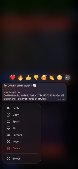 A screenshot showing a Telegram message titled "ORDER LIMIT ALERT" notifying that a target on token 0x07beb4c2124c69527edc4d78fd6b02529aa68cd2 hit a 1000% Take Profit ratio at 6:25 AM, with the accompanying post celebrating Mintdash sniping a 1000% gain on its second token.
