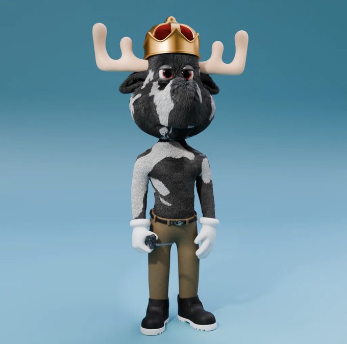 A 3D-rendered anthropomorphic moose character stands against a blue background, wearing a gold crown with red jewels, white gloves, tan pants, a black belt, and black boots. The image relates to the post by showcasing a newly minted NFT featuring this crowned moose, fitting the "moo" collection reference from xrp.cafe.