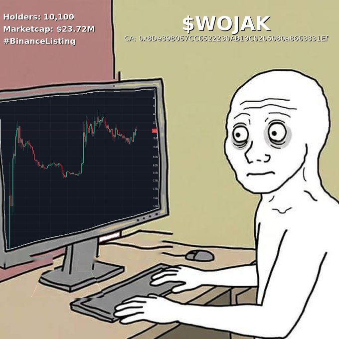 The image features a cartoon character, possibly a man, sitting at a desk with his eyes closed while looking at a computer monitor displaying a chart or graph. The background of the scene includes some text that reads "Day 6 of posting @wojakcto chart until 69b marketcap #BinanceListing". This text seems to be related to a specific data point or trend on a cryptocurrency trading chart, as indicated by the cartoon character's facial expression and body posture. The overall appearance is humorous due to its cartoon-like depiction of the man and his interaction with the computer screen.