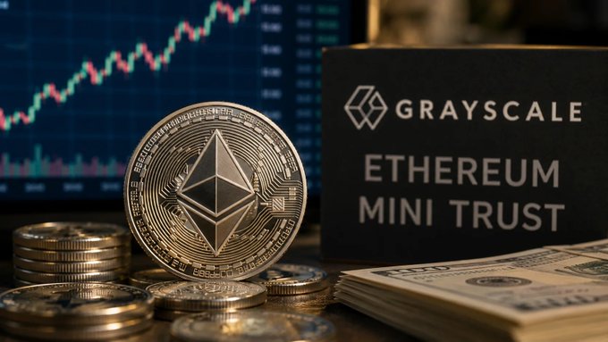 A silver Ethereum coin sits beside a black Grayscale Ethereum Mini Trust placard, with a backdrop of a rising price chart and stacks of cash and additional coins. The image visually reinforces the announcement that Grayscale's ETH Mini Trust ETF will begin distributing staking rewards as cash on a monthly basis, tying the physical symbols of Ethereum and finance to the fund's new yield-paying feature.