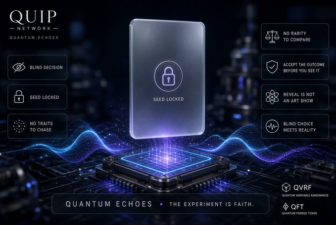 The image showcases a futuristic promotional graphic for **QUIP NETWORK** featuring their "Quantum Echoes" experiment, centered around a glowing card labeled "SEED LOCKED" with a padlock icon, surrounded by principles like "BLIND DECISION," "NO TRAITS TO CHASE," and "ACCEPT THE OUTCOME BEFORE YOU SEE IT." The tagline reads *"THE EXPERIMENT IS FAITH,"* with "QUANTUM ECHOES" and branding for QVRF (Quantum Verifiable Randomness) and QFT (Quantum Forged Token). The visual reinforces the post's theme by emphasizing the philosophical core of buying art sight-unseen, transforming collecting into an act of trust rather than visual judgment.