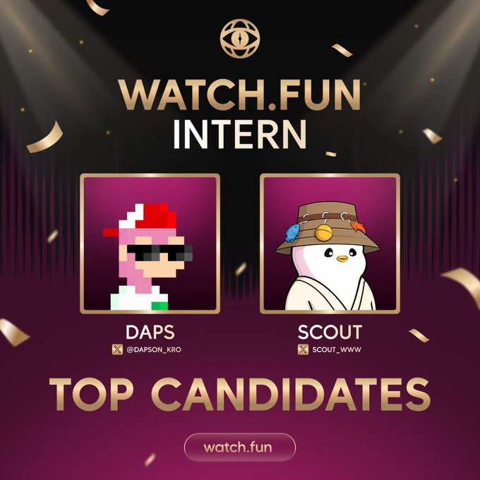 The image features a poster for an event where two interns are being compared. The poster has a purple background with gold text that reads "Watch. Fun Intern", followed by a list of the top candidates, including one named @dapson_kro and another named @scout_www. Both internals have their own unique styles and talents, making it difficult to choose just one winner. The poster also includes confetti falling from above, adding a festive touch to the scene.