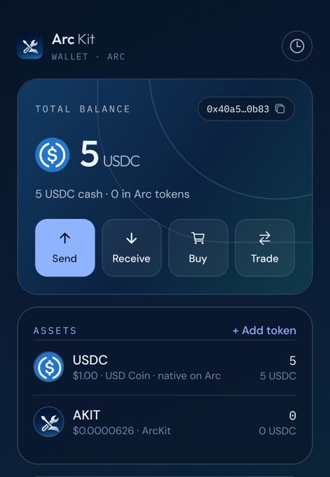 Screenshot of the Arc Kit wallet app showing a total balance of 5 USDC, with options to Send, Receive, Buy, and Trade, and asset listings for USDC and AKIT.