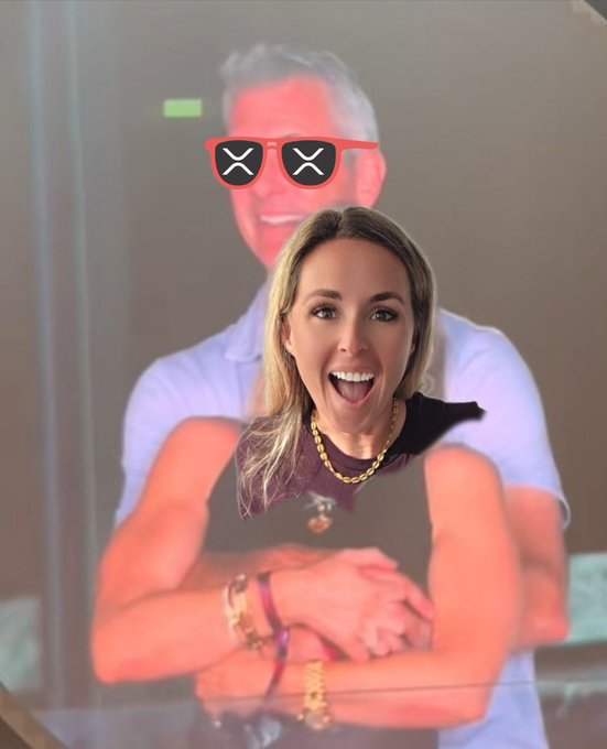 A woman's head with an excited expression is humorously photoshopped onto a larger man's body wearing sunglasses and a white t-shirt, illustrating a "funny Tinder match" joke about XRP crypto enthusiasts. The image plays on the caption's advice about taking a potential match to a Coldplay concert before committing.