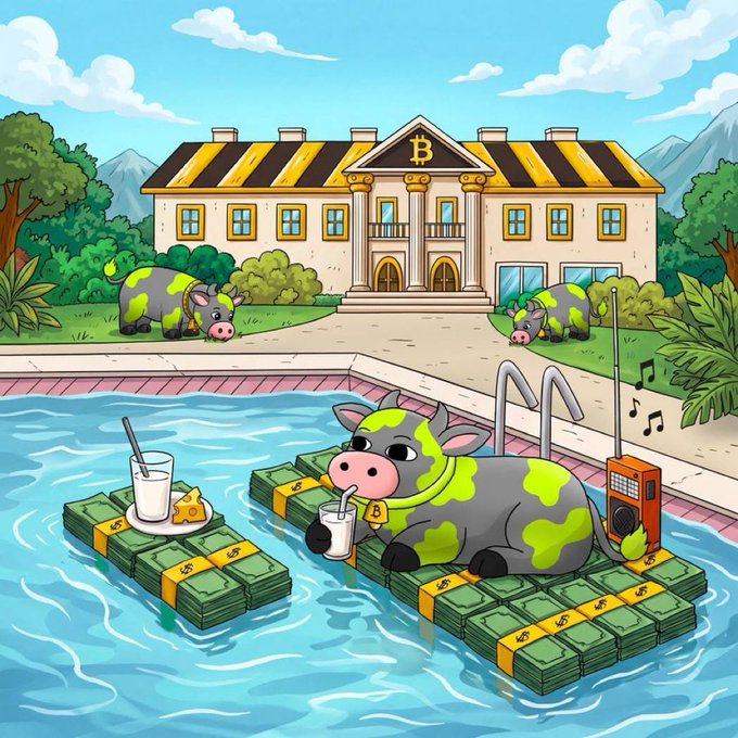 A cartoon illustration features a cow relaxing in a pool on stacks of cash, with a Bitcoin symbol on the mansion in the background.