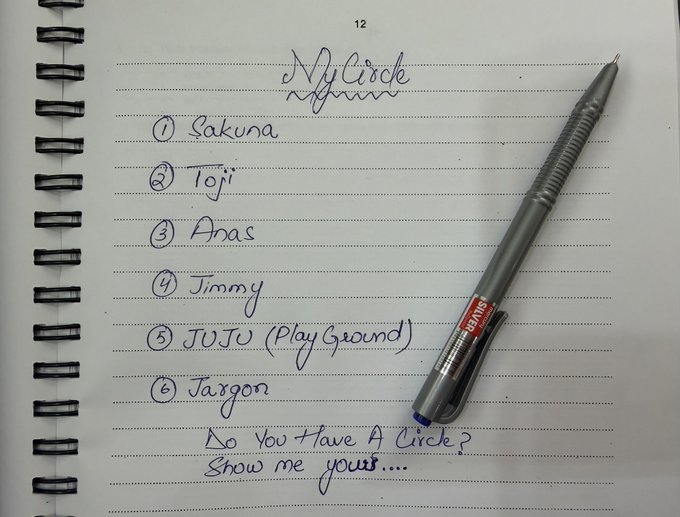 A handwritten list in a spiral notebook titled "My Circle" enumerates six names: Sakura, Toji, Anas, Jimmy, JUJU (Play Ground), and Jazron, followed by the note "Do you Have A Circle? Show me yours..." — visually representing the author's personal circle of connections.