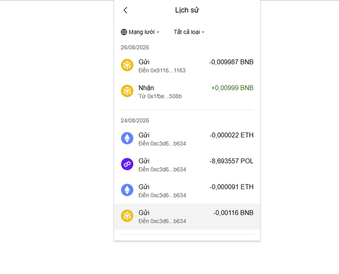 Vietnamese transaction history ('Lịch sử') showing crypto sends and receives including BNB, ETH, and POL transfers on August 24-26, 2026.