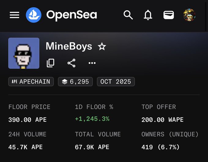 A screenshot of the OpenSea NFT marketplace page for the 'MineBoys' collection on the APECHAIN, showing a floor price of 390.00 APE and a 1D floor percentage increase of +1,245.3%.