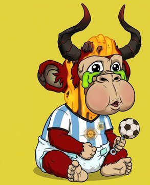 Cartoon NFT-style illustration of a bull character wearing an Argentine football jersey and a horned mask, holding a soccer ball on a yellow background.