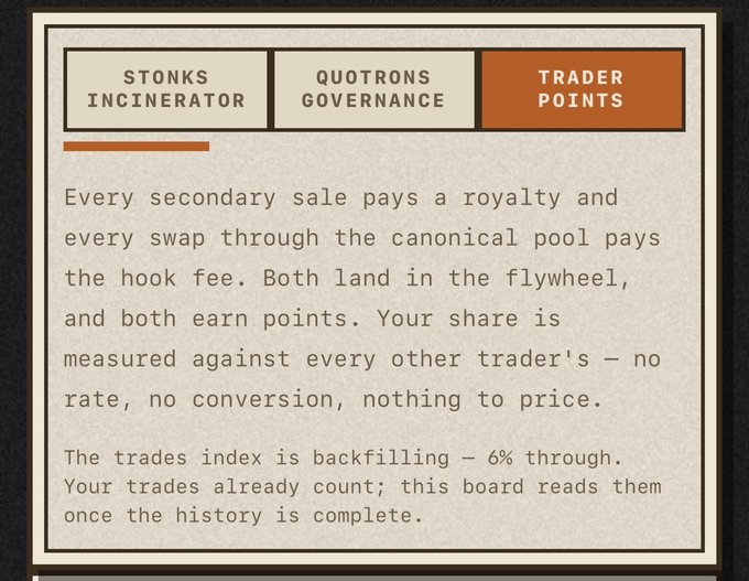 An informational graphic about a 'STONKS INCINERATOR' detailing how secondary sales and swaps earn trader points, with tabs for 'QUOTRONS GOVERNANCE' and 'TRADER POINTS' visible.