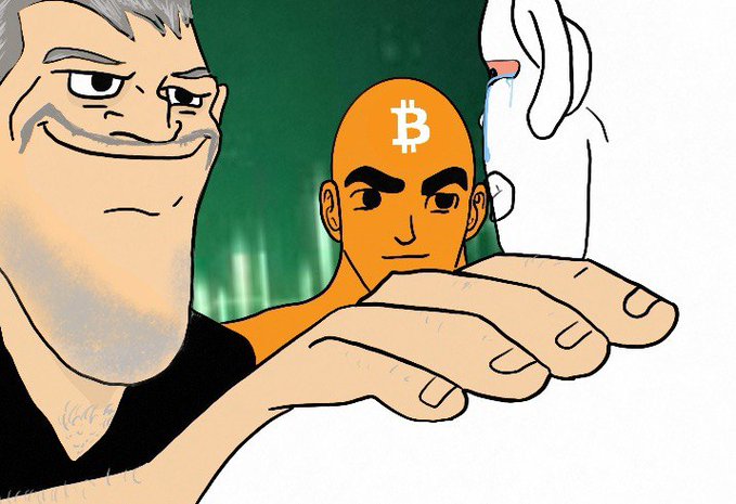 A cartoon illustration showing a man holding a smaller Bitcoin-headed character in his hand, with a white rabbit visible in the background.