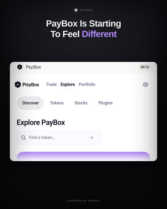 A promotional graphic for PayBox with the headline "PayBox Is Starting To Feel Different," showing the app interface with navigation tabs for Trade, Explore, Portfolio, and categories like Discover, Tokens, Stocks, and Plugins.