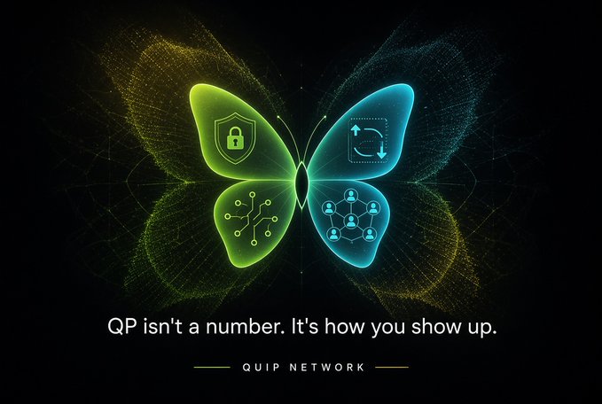A stylized graphic of a glowing butterfly with green and blue wings displaying technology and security icons, with the text 'QP isn't a number. It's how you show up. QUIP NETWORK'.