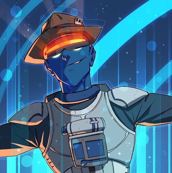 An illustrated character with blue skin wearing a futuristic hat with an orange glowing visor and armored suit stands against a blue background with light rays.
