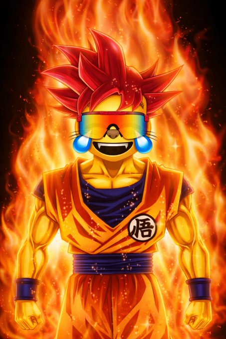The image depicts a character resembling Goku in Super Saiyan God form with flaming red hair, glowing aura, futuristic sunglasses, and a wide grin, wearing an orange gi featuring the "悟" (Go) kanji symbol. The fierce, fiery energy surrounding the character visually represents the bullish momentum referenced in the "$MOG looks strong today" caption, evoking themes of power and strength.

**Visible text:** 悟 (the Japanese/Chinese kanji meaning "wisdom" or "enlightenment," commonly associated with the Goku character and the Dragon Ball franchise)