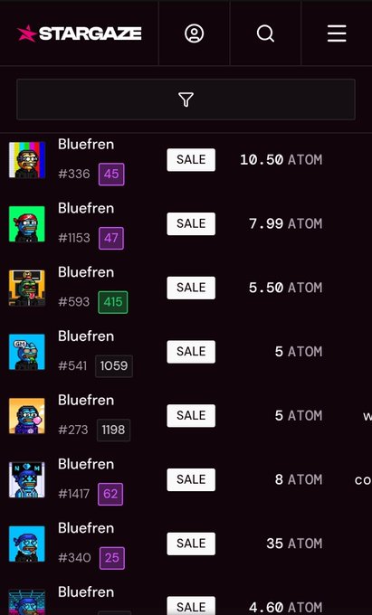 Screenshot of the STARGAZE NFT marketplace showing multiple Bluefren NFT listings for sale priced in ATOM cryptocurrency, with token IDs like #336, #1153, and #593.