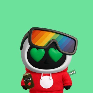 A 3D-rendered character with rainbow ski goggles, green heart-shaped eyes, wearing a red hoodie and holding a matcha drink, with a 'TOYZIE' tag on a green background.