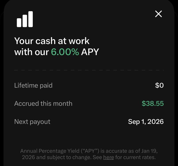 A Robinhood-style app screen showing 'Your cash at work with our 6.00% APY,' with $38.55 accrued this month and a next payout of Sep 1, 2026.