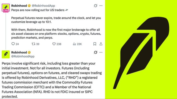 A screenshot shows a tweet from Robinhood (@RobinhoodApp) announcing that perps are rolling out for US traders, with the Robinhood feather logo on the right.