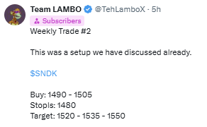 A tweet from Team LAMBO (@TehLamboBox) discussing a trade setup for $NDK, with Buy, Stops, and Target levels listed.