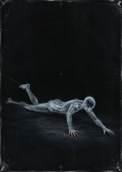 A dark, surreal digital artwork showing a transparent skeletal figure in a plank position on a shadowy surface, with a faint red beam extending from its head.