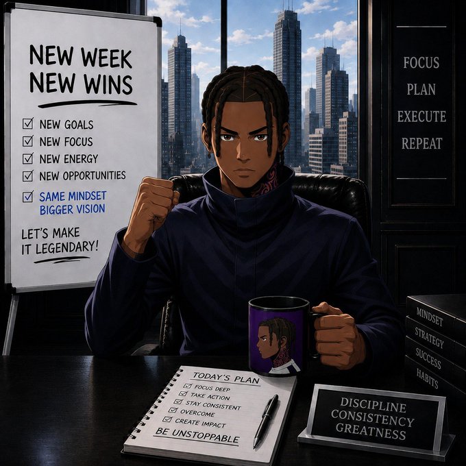 An anime-style illustration of a determined young man with braided hair raising a fist, surrounded by motivational text including 'NEW WEEK NEW WINS,' a checklist of goals, 'FOCUS PLAN EXECUTE REPEAT,' and 'DISCIPLINE CONSISTENCY GREATNESS.'