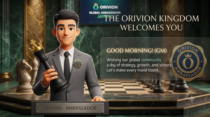 A 3D-rendered character holds a chess king piece, welcoming viewers to 'The Orivion Kingdom' as Global Ambassador JayKing, with a 'Good Morning! (GM)' message wishing the community strategy and victory.