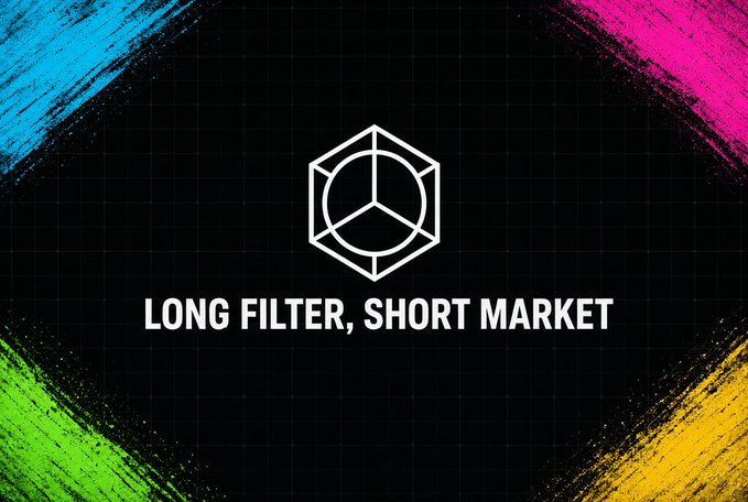 A dark graphic with colorful brush stroke borders in cyan, magenta, green, and yellow, displaying a white hexagonal 3D logo and the text 'LONG FILTER, SHORT MARKET'.