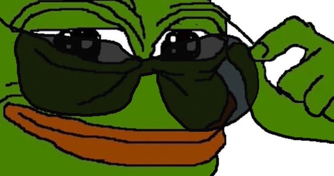 A cartoon drawing of a green frog character (resembling Pepe) wearing large black sunglasses and smiling, with one hand gesturing near its face.