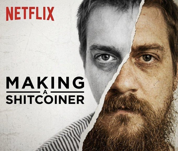 This Netflix-style promotional image for "Making a Shitcoiner" features a torn-paper split portrait showing a clean-cut man on the left transitioning into a bearded, disheveled version of himself on the right—visually capturing the transformation of an ordinary person into a crypto "shitcoiner," likely referencing a story of someone who lost their Bitcoin before falling into questionable alternative cryptocurrency ventures.