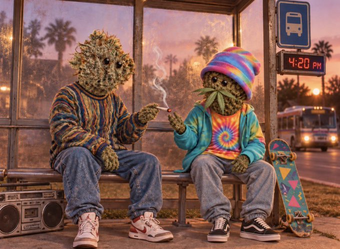 An AI-generated image depicts two anthropomorphic cannabis buds wearing colorful tie-dye clothing, sitting on a bus stop bench sharing a joint, with a skateboard and boombox nearby.