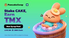 The image shows a PancakeSwap promotional graphic featuring a cute orange bunny relaxing in a wooden tub, with text reading "Stake CAKE, Earn TMX" and "New Syrup Pool LIVE on 2nd Chain," advertising a giveaway campaign for 833,333 $TMX tokens through trading on PancakeSwap.